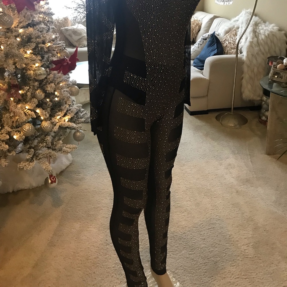 Rhinestone Decor Zip Back Sheer Mesh Stand Collar Skinny Jumpsuit